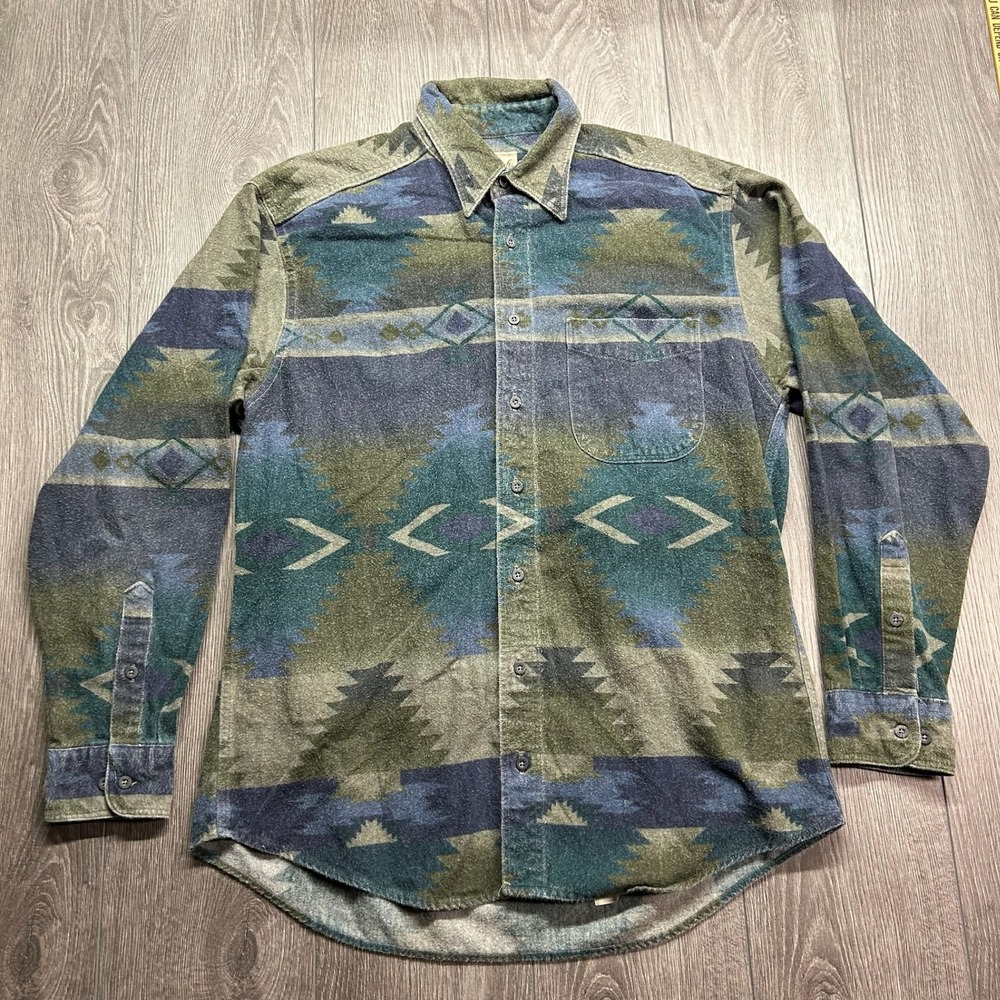 Vintage Woolrich Mens Large Aztec Southwestern Flannel Shirt Made in USA Green